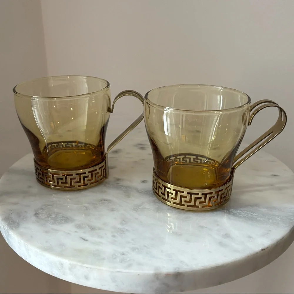 2 Vintage MCM Libbey Amber Glass Continental Cup w Gold Metal Greek Key Handles - Picture 1 of 12